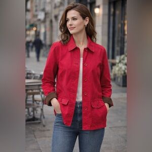 Lands’ End Women’s Utility Jacket Red Cotton Button Front Size L 14 16